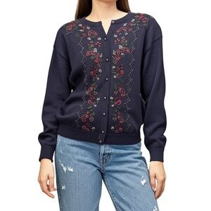 SUBURBANS Blue Beaded Button Ribbed Cardigan Sweater Size L Vintage